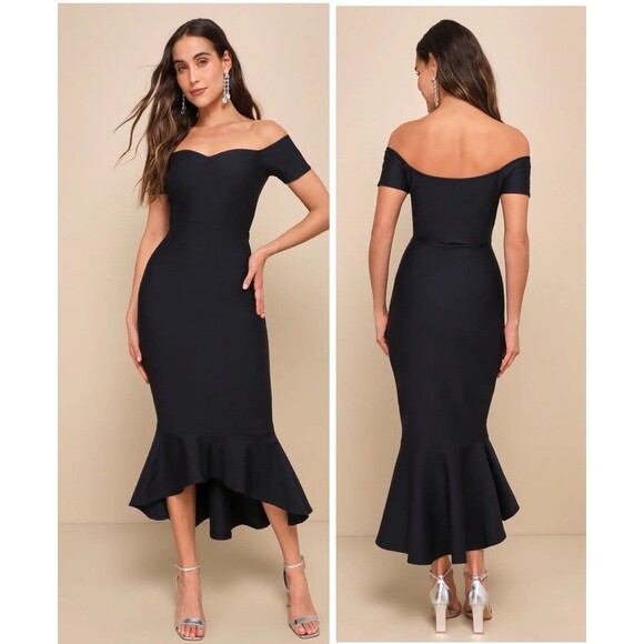 Lulus How Much I Care Midnight Blue Off-the-Shoulder Midi Dress Size XS Wedding - Picture 1 of 7
